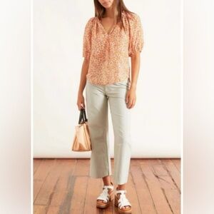 Xirena puff sleeve v-neck cotton silk blend Joules top in marigold floral print,